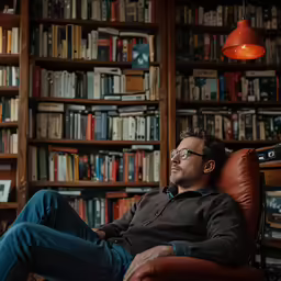 a man sits in a chair in front of a library with books on shelves