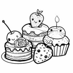 some cartoon cupcakes and cakes with a strawberry on top