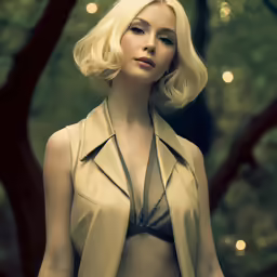 a blonde woman with very long hair poses in front of trees