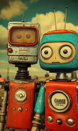 two cartoonish looking televisions with big eyes