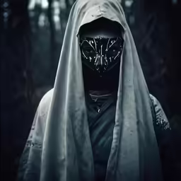 a man wearing a mask and veil standing in the forest