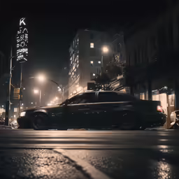 a black car in the middle of a city at night