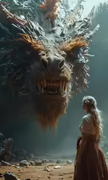 a woman is standing in front of a large creature