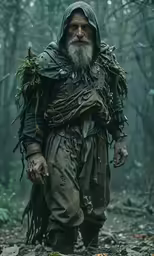 the man is walking through the woods wearing a hooded coat