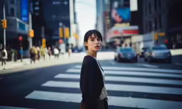 a woman standing on the side of a street