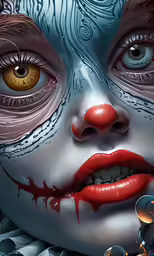 an odd looking clown wearing red lipstick and makeup