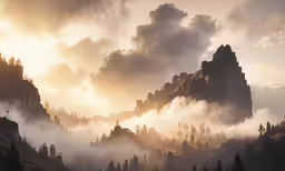 a huge mountain covered in trees under a cloudy sky