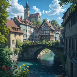 a bridge crosses a river between old buildings