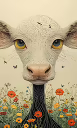 a white cow with yellow eyes standing in a field of flowers