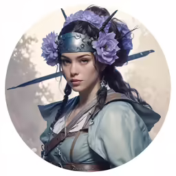 an art work of a woman wearing purple flowers
