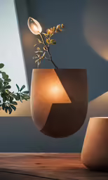 a plant in a large, rounded vase, next to an interesting object