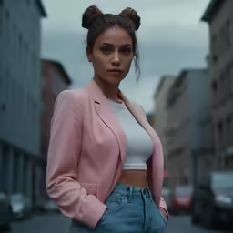 a woman standing in the street with her arms on her hips