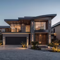 a large modern home with lots of windows and lights