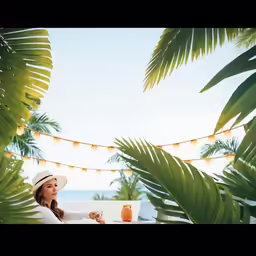woman wearing white hat seated at outdoor table