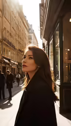 a woman in a black jacket looking off into the distance
