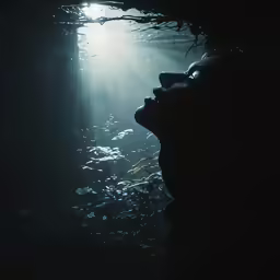 a woman with her eyes closed, in the dark of the night