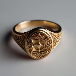 an ornate gold ring on a table