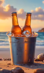 two empty bottles sitting in an ice bucket on the beach