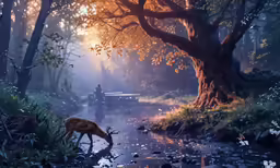 a deer is drinking water at a river in the forest