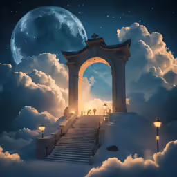 a stairway leading up to a large moon surrounded by clouds