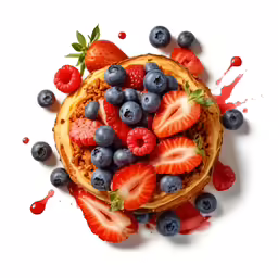 waffles topped with fruit are shown in this artisticly painted photo
