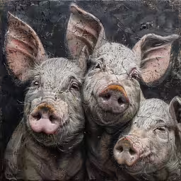 three pigs are staring with one another,the painting shows three pigs wearing ear tags