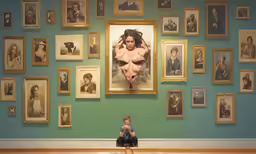 a person sitting in front of a wall with pictures on it