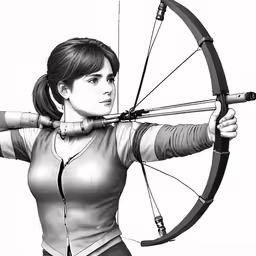 a woman holding up a bow and a scope