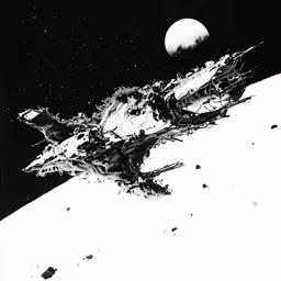 a star ship floating across the moon in a black and white sky