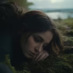 a girl lying on the ground with her hands clasped