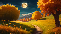 an animated landscape with trees and a road,a scenic view of a country lane at night