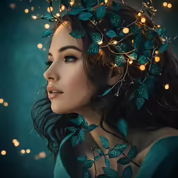 the beautiful lady has green leaves on her head
