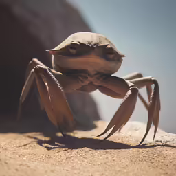 an insect crawling on the ground with his back legs crossed