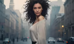 the young lady poses in an urban city scene