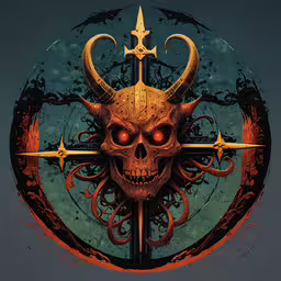 the skull is surrounded by two horns,an ornate skull, dagger, and compass symbol on a dark background