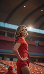 a woman in a red dress posing at an arena