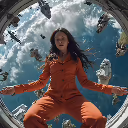 a woman in an orange jumpsuit dancing through a space station window