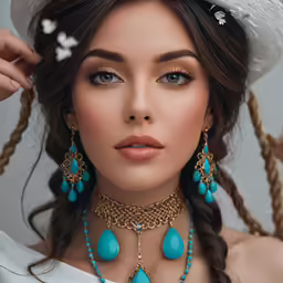 a woman with blue jewelry is shown