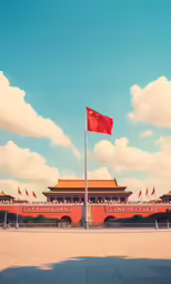 a chinese building with the flag fluttering on a clear day