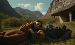 a woman laying on the ground holding onto a baby