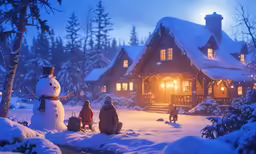 the family is outside a home during the winter night