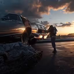 a man stands next to two parked cars in front of a cloudy sky