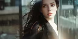 the woman is looking at the photographer as she stands against the wall