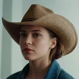 a woman is standing wearing a large cowboy hat