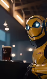 a robot that is standing next to a beer
