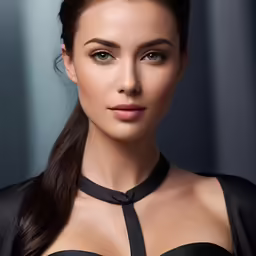 a close up view of a woman wearing black and wearing a shirt and choker