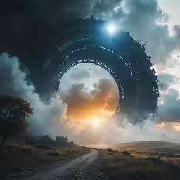 a tunnel with clouds and sun inside