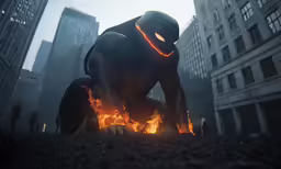a man sitting in front of a fire in the middle of a city