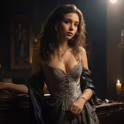a woman with dark hair is dressed in steampunk and a long skirt