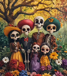 a painting of four skeleton people dressed in different costumes